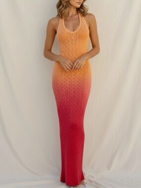 LOVERS + FRIENDS Solara Open Knit Maxi Dress, Orange/Pink Ombré, XS